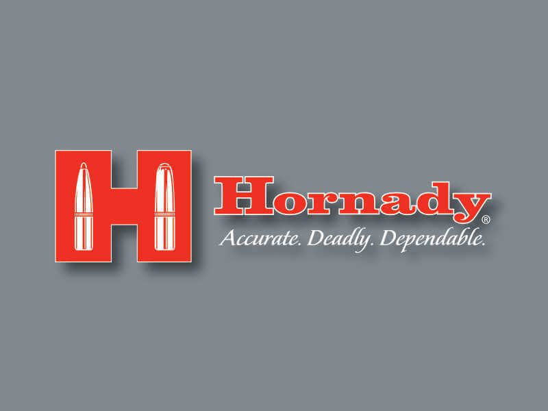 Hornady: Accurate, Deadly, Dependable. logo on grey background
